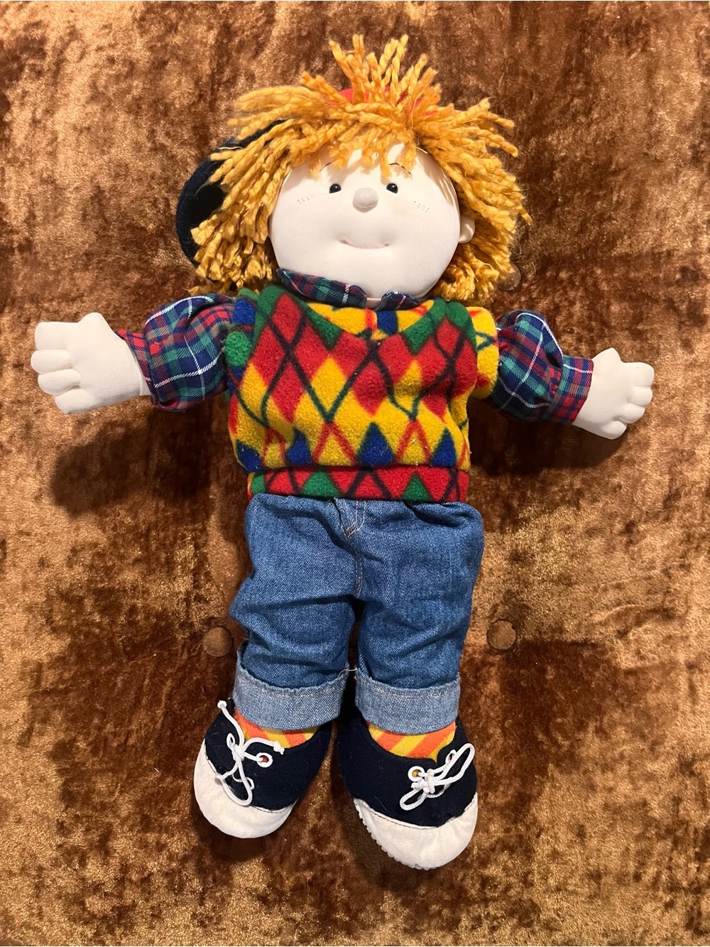 Vintage Sweetie Pie Kids Brandon Doll 1990s Plaid Argyle Yarn Hair Plush Toy